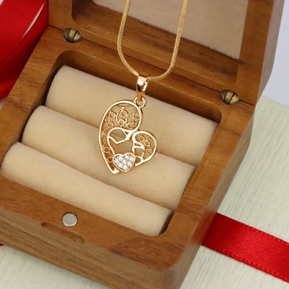 "Rose Gold Heart Pendant Featuring Mother & Child with Crystal Accent, XPPT1864 - Picture 8 of 13